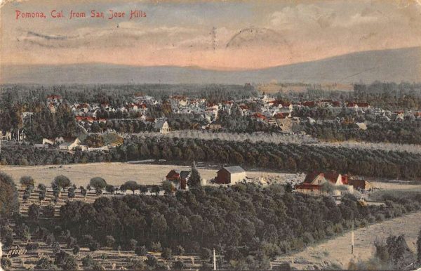 Pomona California aerial view small village from San Jose Hills antique pc CC13