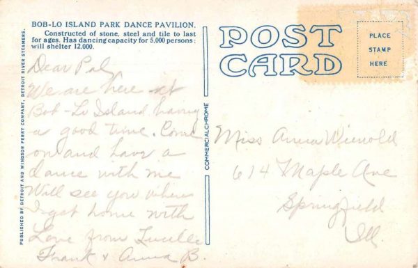 Bob Lo Island Park Canda Dance Pavilion Exterior Vintage Postcard JJ649534 - Image 2