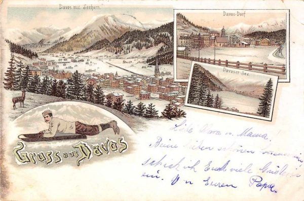 Davos Switzerland Sledding Ski Resort Gruss aus Vintage Postcard AA54