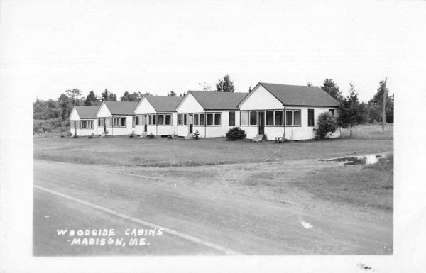 Madison Maine birds eye view Woodside Cabins real photo pc BB179