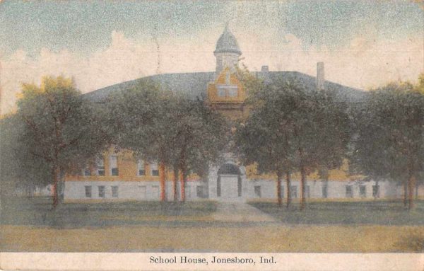 Jonesboro Indiana birds eye view School House entrance antique pc BB225