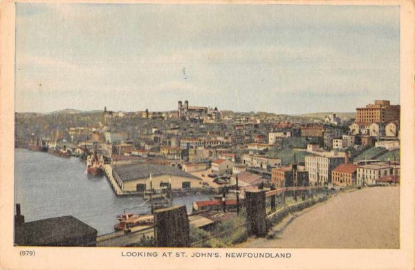 St John's Newfoundland Canada birds eye view of town waterfront antique pc BB229