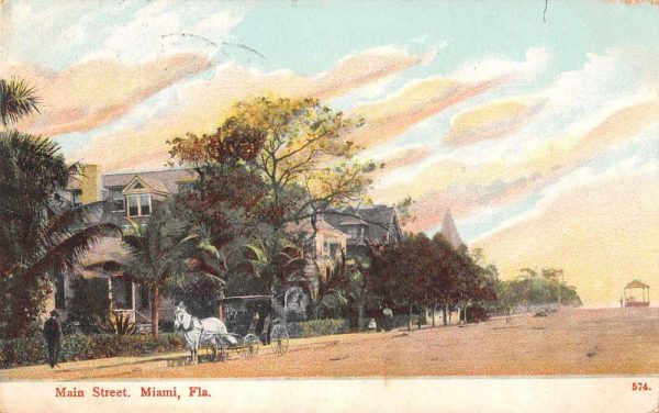 Miami Florida birds eye view horse buggy on Main St antique pc BB244