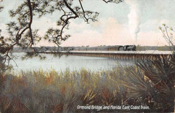 Ormond Beach Florida view of Florida East Coast train antique pc BB245