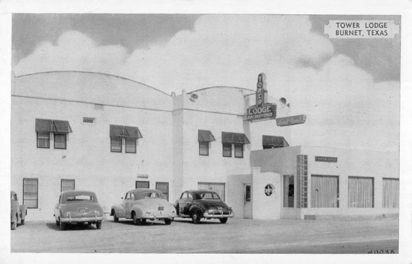 Burnet Texas birds eye view Tower Lodge restaurant entrance antique pc BB273