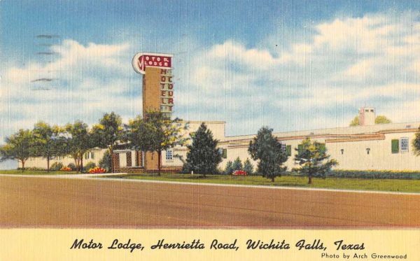 Wichita Falls Texas birds eye view Motor Lodge hotel linen antique pc BB276