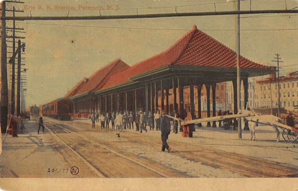 Paterson New Jersey people horses wagon Erie RailRoad Station antique pc BB283