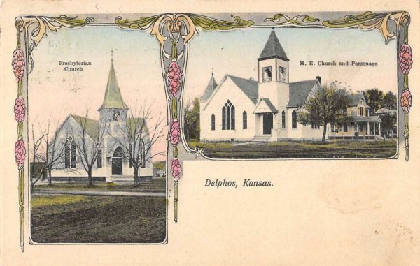 Delphos Kansas views of Presbyterian and M. E. Churches antique pc BB294