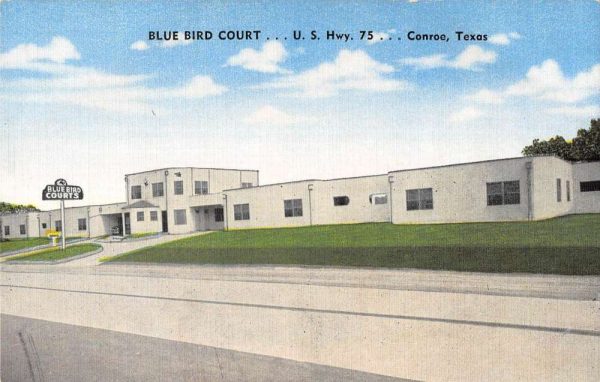 Conroe Texas birds eye view Blue Bird Court entrance antique pc BB304