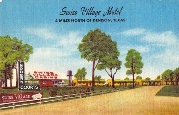 Denison Texas entrance view Swiss Village Motel linen antique pc BB310