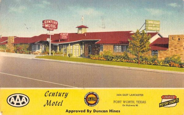 Fort Worth Texas birds eye view Century Motel entrance linen antique pc BB312