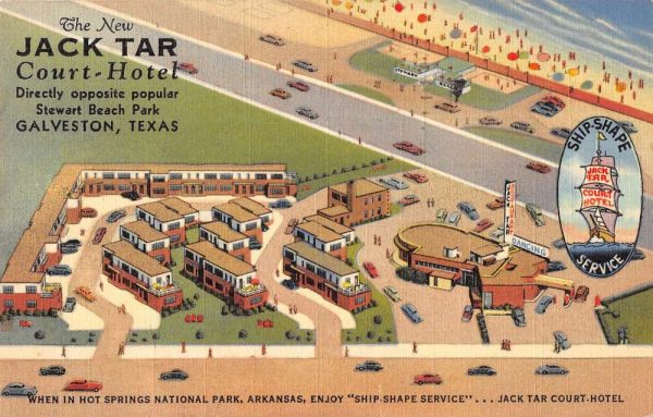 Galveston Texas aerial view Jack Tar Court Hotel linen antique pc BB313