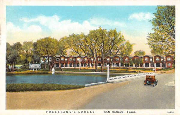 San Marcos Texas pond and entrance Vogelsang's Lodges antique pc BB318