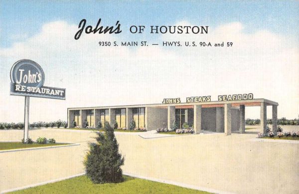 Houston Texas birds eye view John's of Houston restaurant antique pc BB320