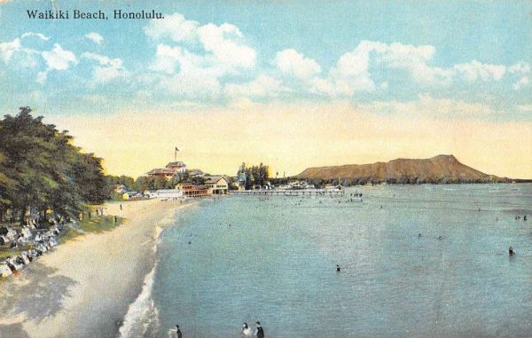 Honolulu Hawaii birds eye view showing Waikiki Beach antique pc BB337