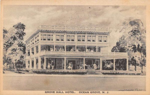 Ocean Grove New Jersey birds eye view Grove Hall Hotel entrance antique pc BB486