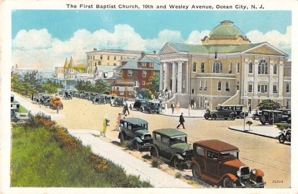 Ocean City New Jersey aerial view First Baptist Church antique pc BB487