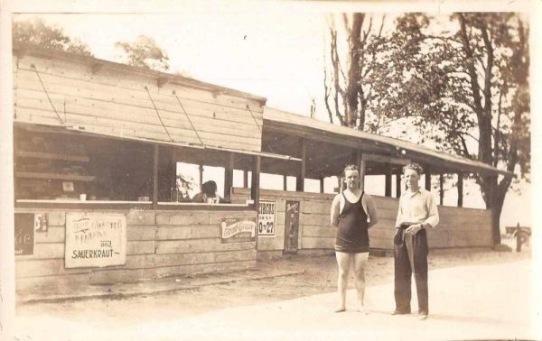 Beach Scene Food Vendor Man in Swimsuit Real Photo Vintage Postcard AA909