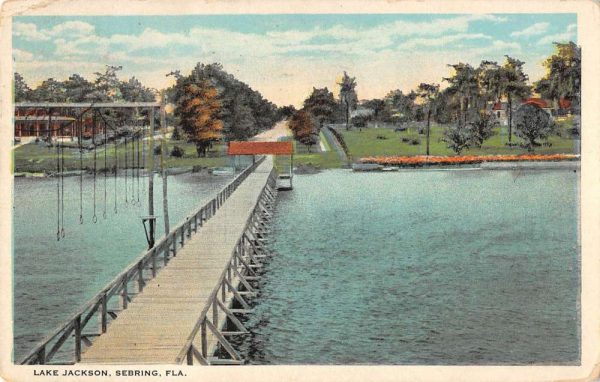 Sebring Florida birds eye view Lake Jackson pier antique pc BB1198