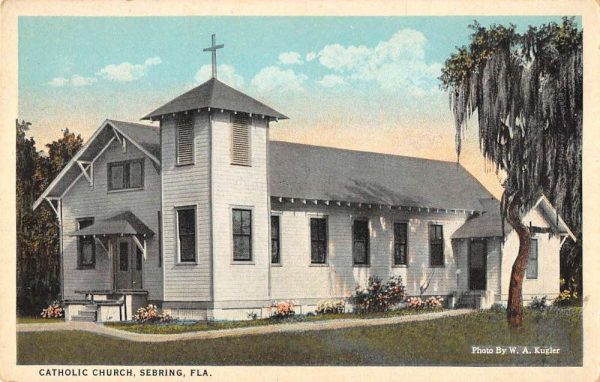 Sebring Florida birds eye view Catholic Church entrance antique pc BB1201