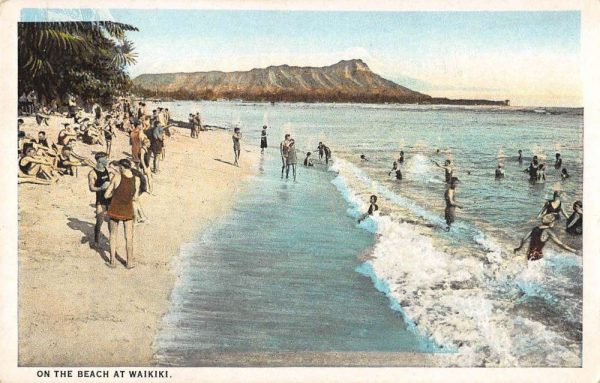 Waikiki Hawaii birds eye view beach bathers antique pc BB1221