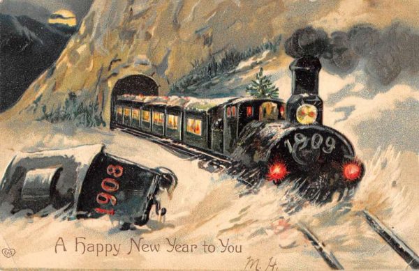 A Happy New Year To You train in tunnel snow scene antique pc BB1299