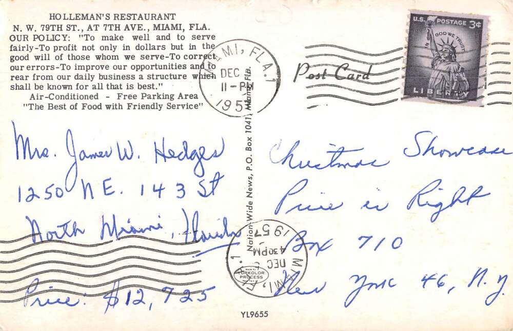 Miami Florida Holleman's Restaurant Vintage Postcard AA22593 - Mary L ...