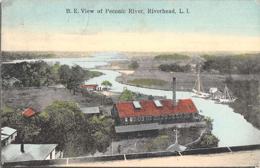 Riverhead Long Island New York Peconic River Birds Eye View Postcard 