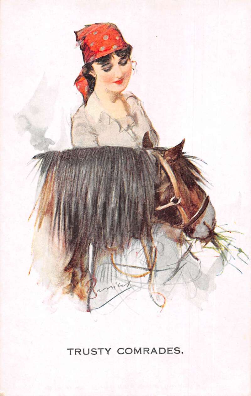 Antique Hand Color Tinted Postcard set of 5, Nouveau Lady with her Horse, Printed in outlets Germany. DanPicked