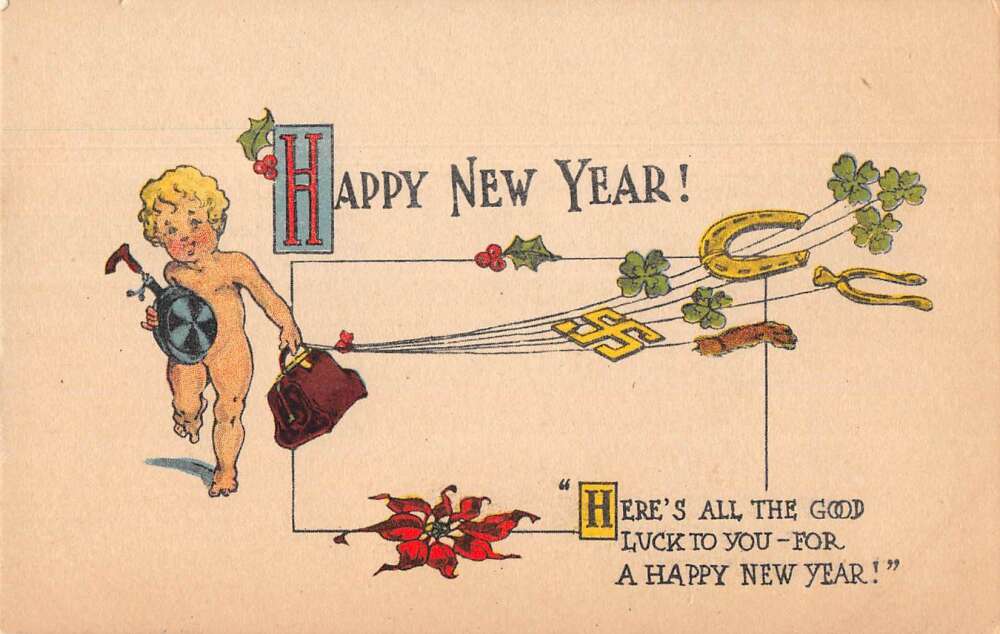 New Year Greetings Baby New Year Horseshoe Clovers Swastika Postcard ...