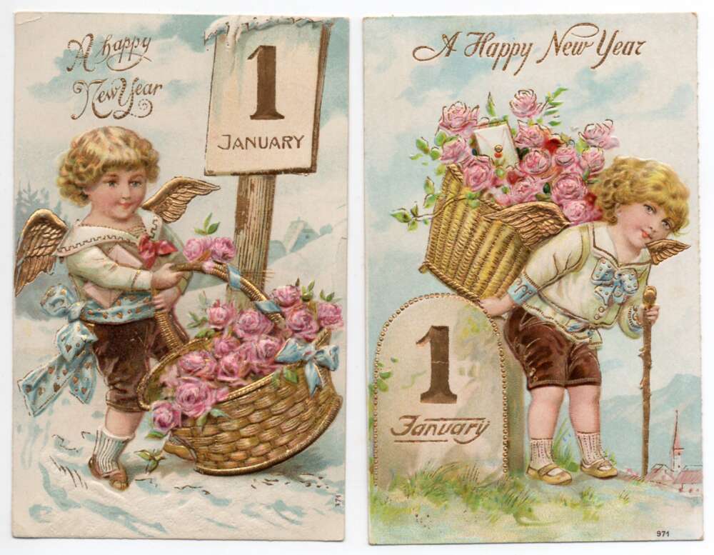 New Year Greetings Joyful Men in Snow Storm Vintage Postcard