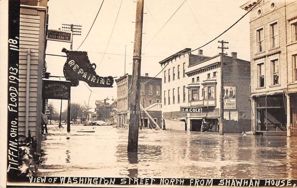 Tiffin Ohio 1913 Flood Disaster Washington Street Real Photo Postcard