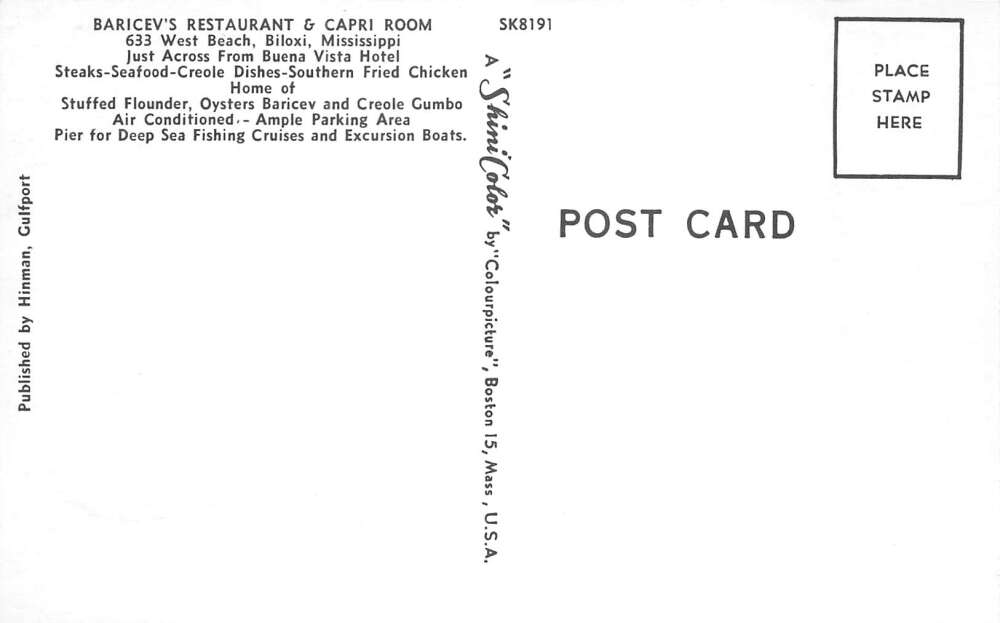 Biloxi Mississippi Baricev's Restaurant and Capri Room Vintage Postcard ...