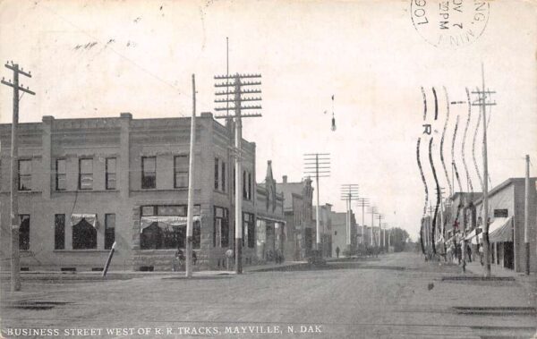 Mayville North Dakota Business Street West of Railroad Tracks Vintage PC U522