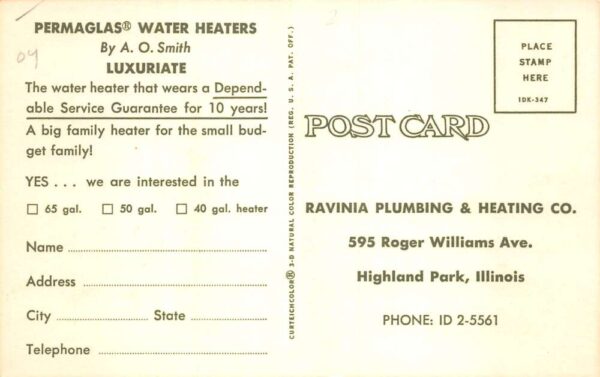 Highland Park Illinois Ravinia Plumbing Water Heater Ad Vintage Postcard AA64264 - Image 2