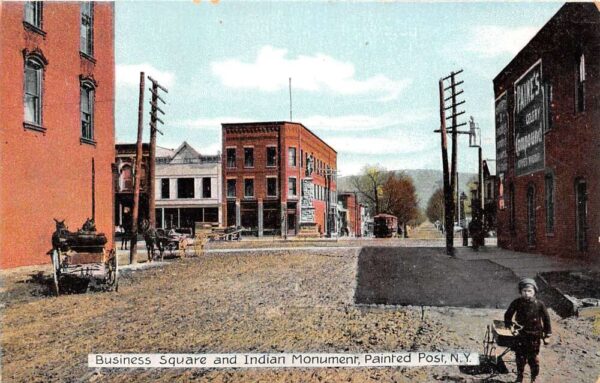 Painted Post New York Business Square and Indian Monument Painted PC U1140