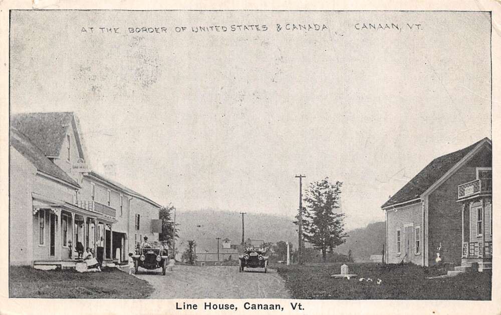 RPPC CANAAN LINE HOUSE VERMONT CANADA BORDR CARS REAL PHOTO POSTCARD (c.  1920s)