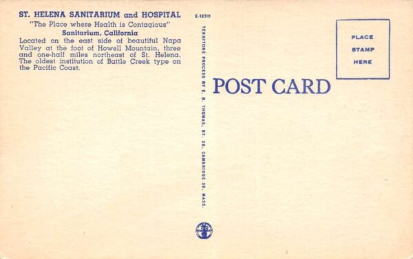 Sanitarium California St. Helena Sanitarium & Hospital Color Linen Card PC U2208 - Image 2