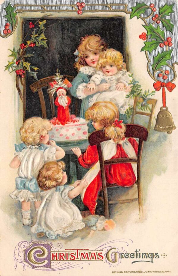 Christmas Greetings Children with Cake Winsch Vintage Postcard AA64980