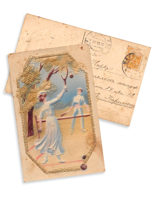 front and back of vintage postcard with women on it