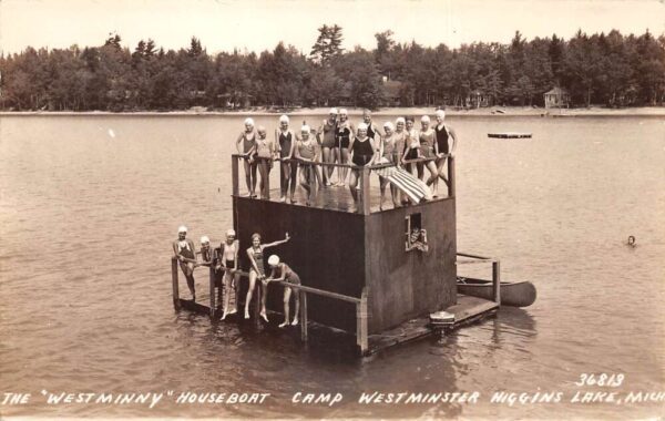 Higgins Lake Michigan Camp Westminster Houseboat Real Photo Postcard AA68201