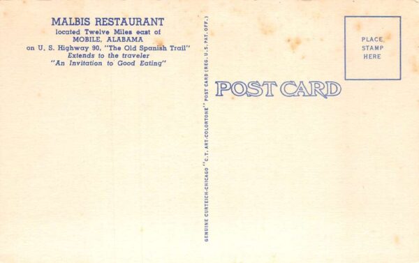 Mobile Alabama Malbis Restaurant Linen Vintage Postcard AA68576 - Image 2