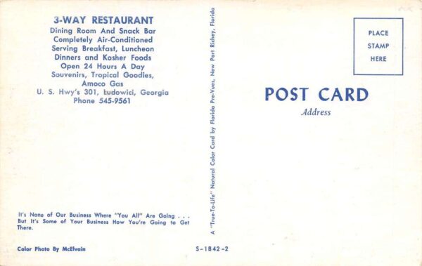 Ludowici Georgia 3-Way Restaurant, Amoco Gas, Photochrome Vintage Postcard U6484 - Image 2