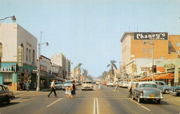 Fullerton California Looking N. on Spadra Ave., Drug Store Vintage PC U6985