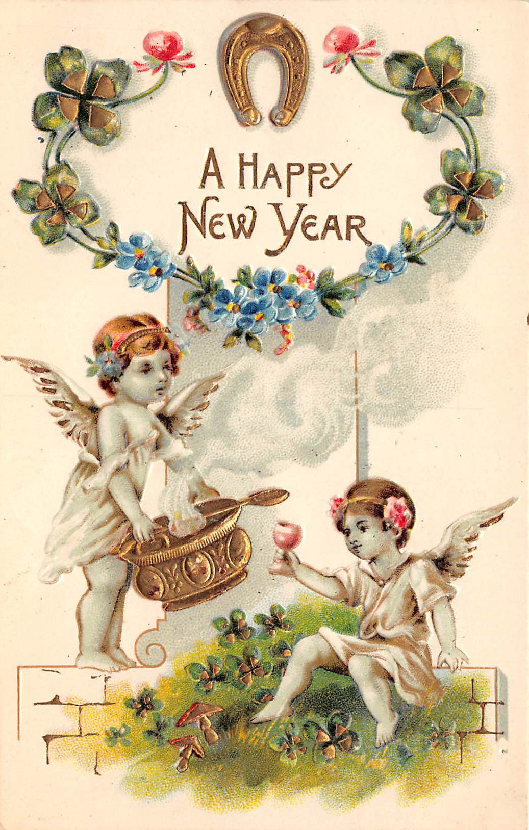 Pair of New Year Greetings Angel with Roses and Letter Vintage