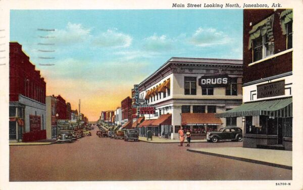 Jonesboro Arkansas Main Street Looking North Drug Store Postcard AA79745