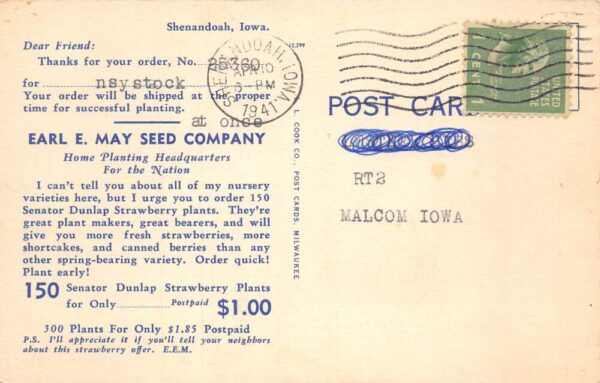 Shenandoah Iowa Earl E May Seed Co Zinnia Flowers Ad Postcard AA79753 - Image 2