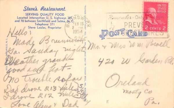 Smithfield North Carolina Steve's Restaurant Coke Sign Vintage Postcard AA79813 - Image 2