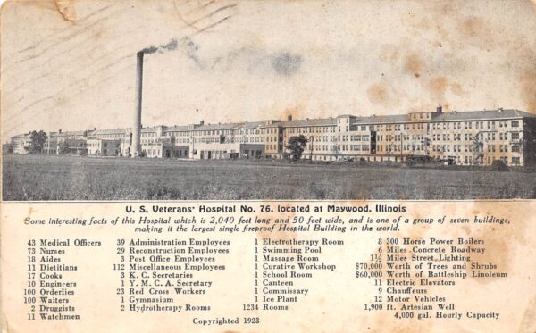 Maywood Illinois U.S. Veterans' Hospital No.76, B/W Lithograph Vintage PC U14326