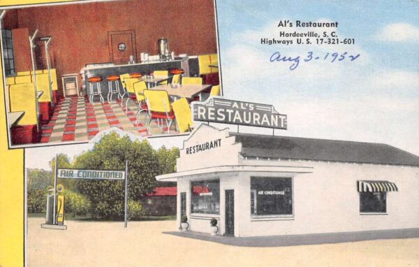 Hardeeville South Carolina Al's Restaurant, Gas Pumps Shown Vintage PC U14335